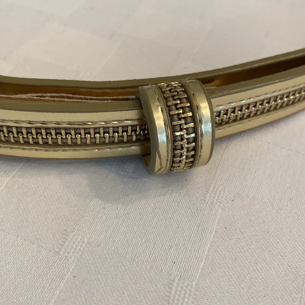 Etcetera Vintage Gold Metallic Leather Skinny Statement Belt Zipper Detail XS